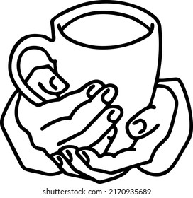 Hands holding coffee cup, Hot drink, tea or cacao for breakfast or take away. Espresso, latte, cappuccino. Hand drawn vintage style illustration. For cafe menu or postcard. Comic cartoon drawing.