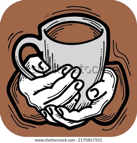 Hands holding coffee cup, Hot drink, tea or cacao for breakfast or take away. Espresso, latte, cappuccino. Hand drawn vintage style illustration. For cafe menu or postcard. Comic cartoon drawing.