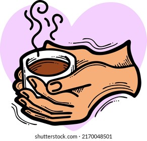 Hands holding coffee cup with love. Hot drink, tea, cacao for breakfast or take away. Espresso, latte, cappuccino. Hand drawn vintage style illustration. Cafe menu, postcard, poster vector design art.