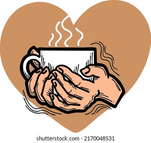 Hands holding coffee cup with love. Hot drink, tea, cacao for breakfast or take away. Espresso, latte, cappuccino. Hand drawn vintage style illustration. Cafe menu, postcard, poster vector design art.
