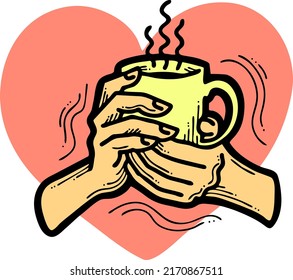 Hands holding coffee cup with love. Hot drink, tea, cacao for breakfast or take away. Espresso, latte, cappuccino. Hand drawn vintage style illustration. Cafe menu, postcard, poster vector design art.