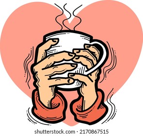 Hands holding coffee cup with love. Hot drink, tea, cacao for breakfast or take away. Espresso, latte, cappuccino. Hand drawn vintage style illustration. Cafe menu, postcard, poster vector design art.