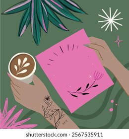 Hands holding a coffee cup with a note paper.Handdrawn illustration artistic, flowers and charcoal style. Vector illustration in flat style. Add Post, social media, phrase, quote