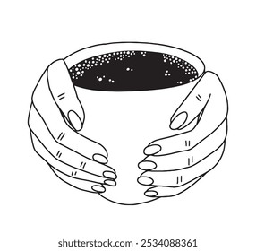 Manos que sostienen el bosquejo dibujado a mano del Vector de la taza de café