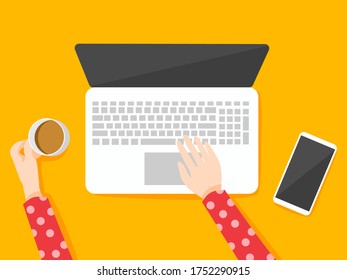 Hands holding coffee cup working on computer and smartphone, work from home concept, study from home concept, top view, vector illustration 