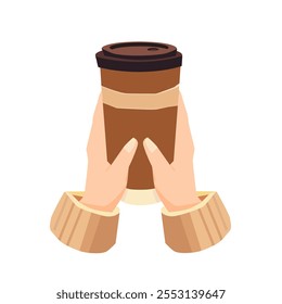 Manos que sostienen la taza de café. Tazas acogedoras, tazas para llevar, bebidas calientes. Bebidas para llevar en otoño, otoño e invierno themes.Ilustración vectorial aislada sobre fondo blanco.