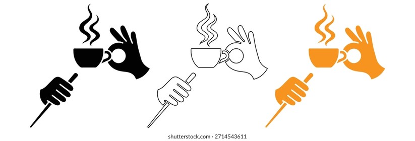 Hands holding coffee cups with thumbs up in different colors,Hand holding coffee cup icon. Vector illustration.coffee cup icon vector isolated on background