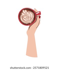 Hands holding coffee drink, top view. Latte, cappuccino, americano. Hot coffee drink with a picture in a mug. Flat cartoon illustration isolated on white background