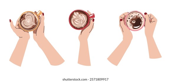 Hands holding coffee drinks, top view. Cappuccino, espresso, Americano, latte Beverage for Breakfast, Lunch or Coffee Break. Flat vector illustrations isolated on white background