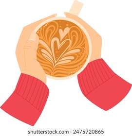 Hände halten Kaffeebecher Top-Ansicht Latte Art Herz Design. Warmes Getränk Gemütliche entspannende Momente Pullover Ärmel. Flache Lage Herbst Winter Getränk Konzept isoliert weißer Hintergrund