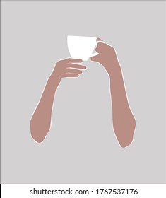 Manos sosteniendo un vector de taza de té de café, taza blanca en manos de mujer ilustración abstracta