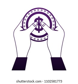 Hands holding coin in purple lines