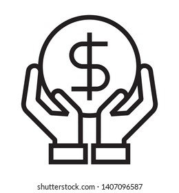 Hands holding coin. Simple design. Line vector. Isolate on white background.