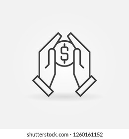 Hands holding coin vector icon or symbol in thin line style