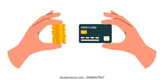 Hands holding coins and credit card isolated on white background. Money and finance concept.