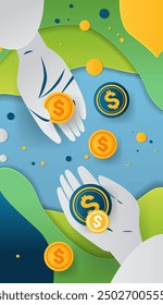 Hands holding coins financial concept colorful abstract background paper cut style