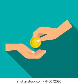 Hands holding coins icon in flat style with long shadow. Money symbol