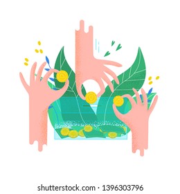 Hands holding coins and putting them into money box. Concept of charity project, donation service, fundraising program, nonprofit organization, financial endowment. Modern flat vector illustration.