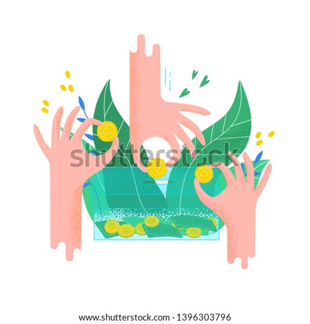 Hands holding coins and putting them into money box. Concept of charity project, donation service, fundraising program, nonprofit organization, financial endowment. Modern flat vector illustration.