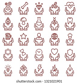 hands holding collection. thin line web icon set. simple vector illustration outline. concept for infographic, website or app.