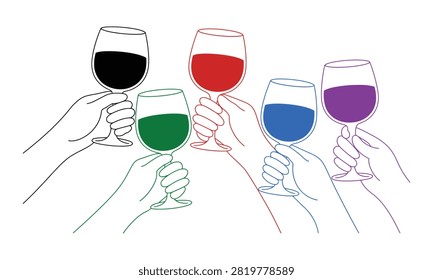 Hands holding colored wine glasses for toast with celebration, drinking