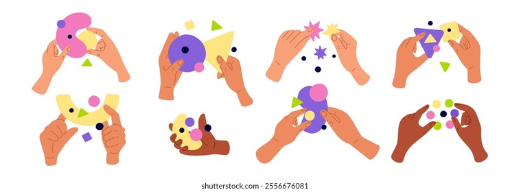 Hands holding colorful abstract shapes. Collecting puzzles. Geometric forms. Bright paper pieces. Arms making collage or applique. Jigsaw challenge. Logical thinking