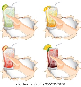 Hands holding colorful drinks through torn paper