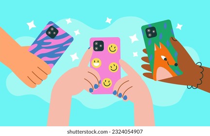 Hands holding colorful mobile covers