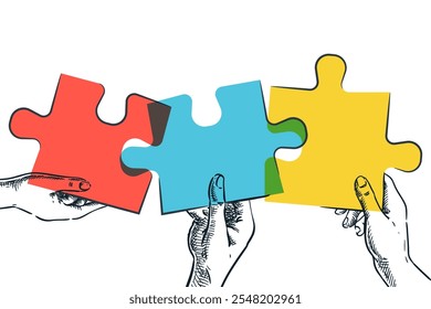 Hands holding colorful pieces of puzzle. Vector hand drawn sketch design with copy space. Business team solving problem, joining connecting jigsaw. Teamwork, partnership infographic concept