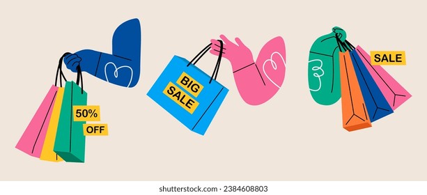 Hands holding colorful shopping bags or souvenirs, multi percent sale sign. Concept of shopping. Colorful vector illustration