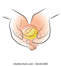 hands holding a compass in his hand is a compass, color vector illustration