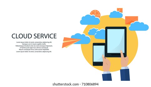 Hands Holding Computer Devices Connect to Modern Cloud Services. Flat Vector Illustration.