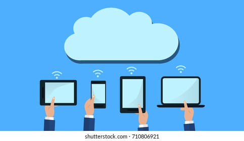 Hands Holding Computer Devices Connect to Modern Cloud Services. Flat Vector Illustration.