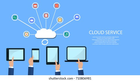 Hands Holding Computer Devices Connect to Modern Cloud Services. Flat Vector Illustration.