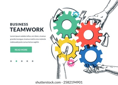 Hands holding and connecting colorful mechanism gears. Vector hand drawn sketch illustration. Teamwork solutions and cooperation for business goals. Collaboration, partnership strategy concept