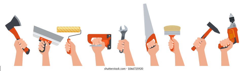 Hands holding construction tools flat style. Vector illustration