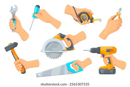 Hands holding construction tools. Professional craftsman handyman hand with electric or manual instruments, carpenter job repair industry labor day concept neat vector illustration original artwork