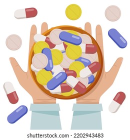 Hands holding a container with different pills isolated on white background. flat style