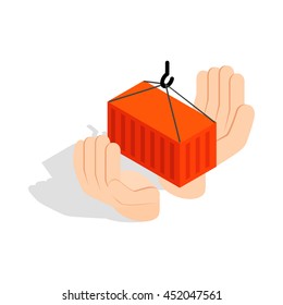 Hands holding container icon in isometric 3d style isolated on white background. Freight symbol