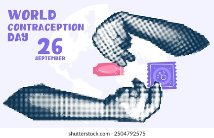 Manos sosteniendo anticonceptivos, un collage pop art grunge. Día Mundial de la Anticoncepción. Manos sosteniendo un condón plano y supositorios uno contra el otro, 26 de septiembre, hechos en puntos de Vector de estilo semitono