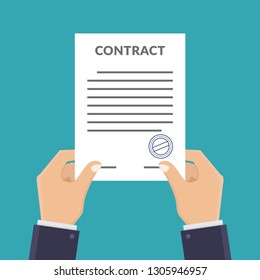 Hands holding contract letters flat design vector illustration