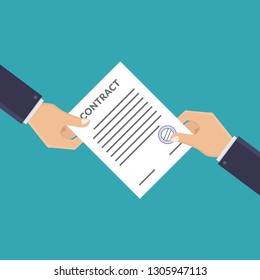 Hands holding contract letters flat design vector illustration
