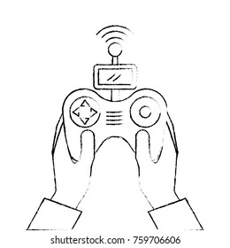 hands holding control remote advance for drones with screen