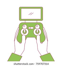 hands holding control remote advance for drones with screen