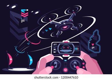 Hands holding controller flying drone quadcopter. Flat. Vector illustration.