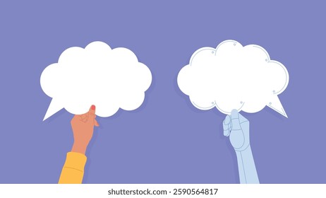 Hands holding conversation bubbles. One hand of a female worker holds a speech bubble, while the other hand is cyber ai. Human collaboration with ai. Flat design Vector illustration.