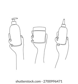 Hands holding cosmetic containers - pump bottle, cream jar, applicator bottle. Minimalist one line vector illustration for beauty, hair care, spa, salon, fashion design projects.