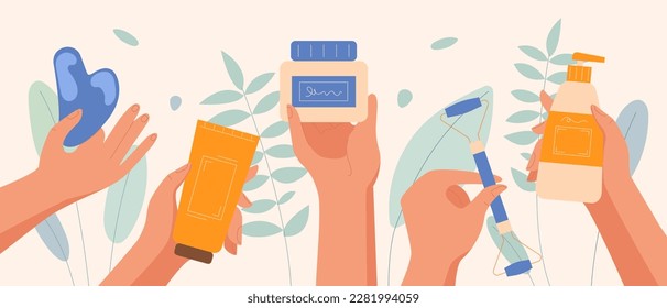 Hands holding cosmetic products. Skin massage roller, spray and moisturizing lotion and cream. Spa treatments for beauty and hygiene. Cleansing foam or water. Cartoon flat vector illustration