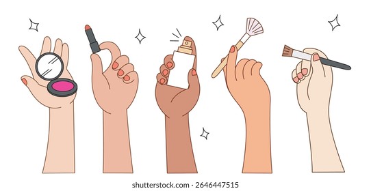 Mãos segurando ferramentas cosméticas. Ilustração de maquiagem perfume blush em batom e pincel