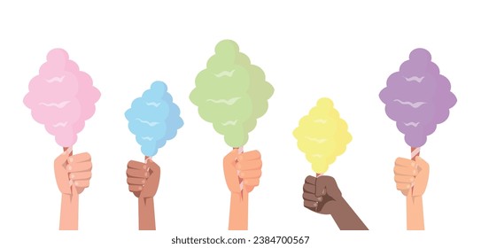 Hands holding cotton candy isolated on white background. People hold cotton candy .Vector stock